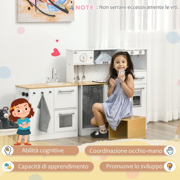 HOMCOM Cucina Giocattolo per Bambini 3-6 Anni con Utensili Luci e Suoni in MDF e PP Divertente e Istruttiva per Gioco di Ruolo|Aosom