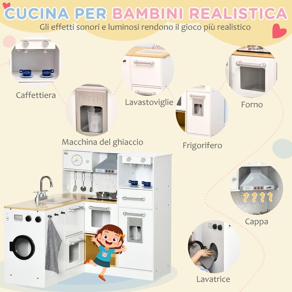 HOMCOM Cucina Giocattolo per Bambini 3-6 Anni con Utensili Luci e Suoni in MDF e PP Divertente e Istruttiva per Gioco di Ruolo|Aosom