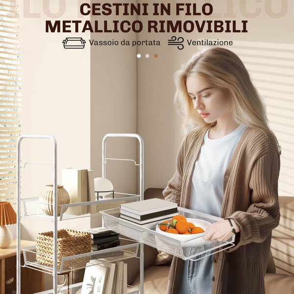 HOMCOM Carrello da Cucina Salvaspazio a 5 Livelli con Cestini a Rete in Acciaio, 45x26.5x106cm, Bianco