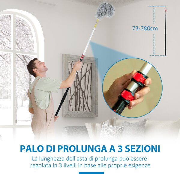 HOMCOM Kit per Pulizia della Casa con Asta, Spolverino per Ragnatele, Spolverino in Microfibra e Spolverino per Ventilatore|Aosom