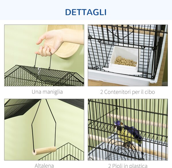 PawHut Gabbia per Uccelli in Metallo e Plastica con Maniglia di Trasporto e Vassoio Estraibile, 50.5x41x63 cm, Bianco|Aosom