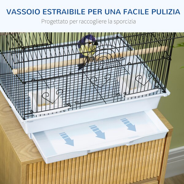 PawHut Gabbia per Uccelli in Metallo e Plastica con Maniglia di Trasporto e Vassoio Estraibile, 50.5x41x63 cm, Bianco|Aosom