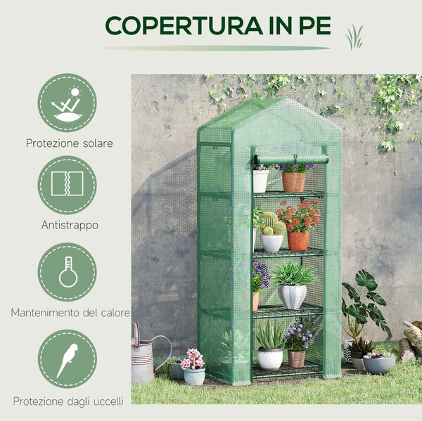 Outsunny Serra per Ortoda con Scaffale a 4 liveli e 2 parta cerniera per Balcone e Terrazzo, in PE, Verde Scuro, 70x50x160cm | Aosom Italy
