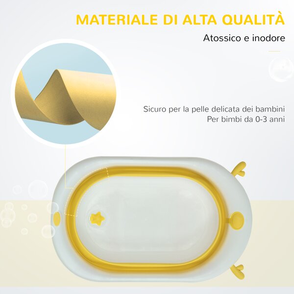 HOMCOM Vaschetta Bagnetto Pieghevole per Bambini 0-3 Anni con Indicatore di Temperatura e Cuscino, 81.5x50.5x23.5 cm, Bianco|Aosom