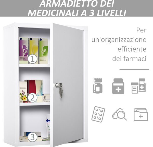 Kleankin Armadietto Medicinali a 3 Livelli in Acciaio con 2 Chiavi e Montaggio a Parete, 40x18x60 cm, Bianco|Aosom