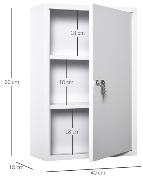 Kleankin Armadietto Medicinali a 3 Livelli in Acciaio con 2 Chiavi e Montaggio a Parete, 40x18x60 cm, Bianco|Aosom