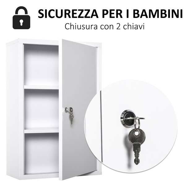 Kleankin Armadietto Medicinali a 3 Livelli in Acciaio con 2 Chiavi e Montaggio a Parete, 40x18x60 cm, Bianco|Aosom