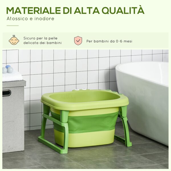 HOMCOM Vaschetta Bagnetto Pieghevole per Neonati e Bambini di 0-6 Anni, in Plastica Antiscivolo, Verde, 75.3x55.4x43cm|Aosom