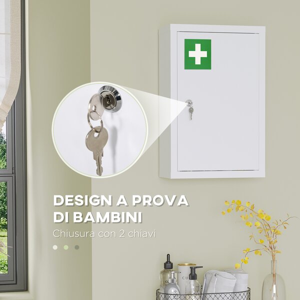Kleankin Armadietto Medicinali a 3 Ripiani in Acciaio Inox con 2 Chiavi e Montaggio a Parete, 30x14x46 cm, Bianco|Aosom