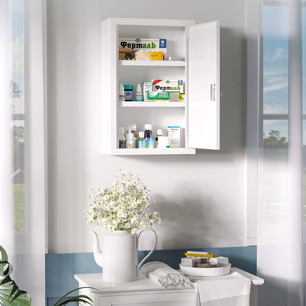 Kleankin Armadietto Medicinali a 3 Ripiani in Acciaio Inox con 2 Chiavi e Montaggio a Parete, 30x14x46 cm, Bianco|Aosom