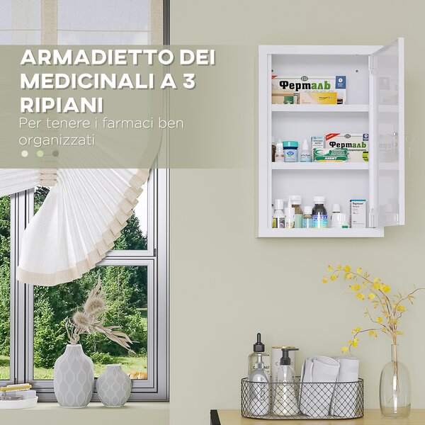 Kleankin Armadietto Medicinali a 3 Ripiani in Acciaio Inox con 2 Chiavi e Montaggio a Parete, 30x14x46 cm, Bianco|Aosom
