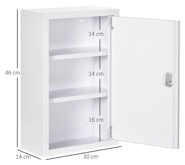 Kleankin Armadietto Medicinali a 3 Ripiani in Acciaio Inox con 2 Chiavi e Montaggio a Parete, 30x14x46 cm, Bianco|Aosom