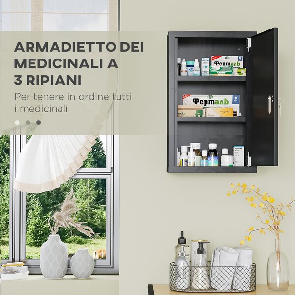 Kleankin Armadietto Medicinali con 3 Mensole e Blocco con Chiavi in Acciaio, 30x14x46cm, Nero | Aosom Italy