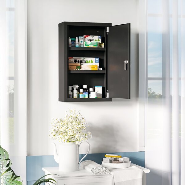 Kleankin Armadietto Medicinali con 3 Mensole e Blocco con Chiavi in Acciaio, 30x14x46cm, Nero | Aosom Italy