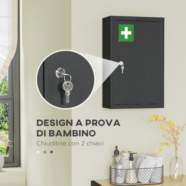Kleankin Armadietto Medicinali con 3 Mensole e Blocco con Chiavi in Acciaio, 30x14x46cm, Nero | Aosom Italy