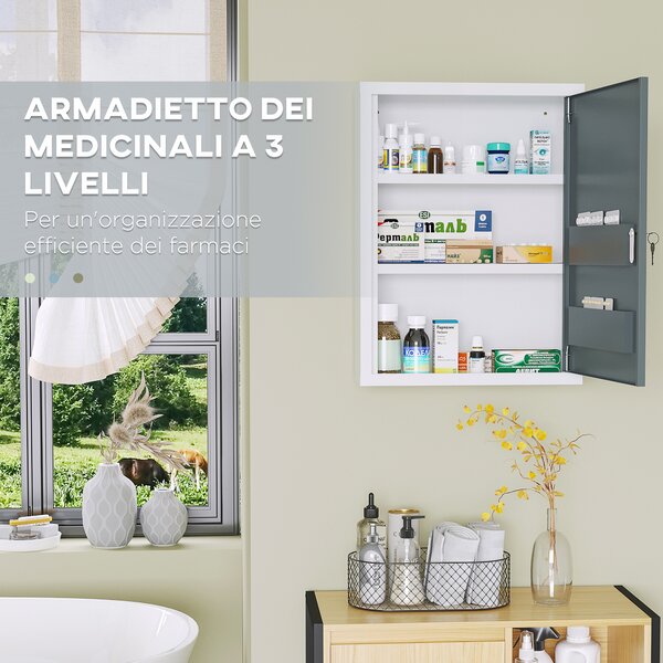 Kleankin Armadietto Medicinali con 3 Ripiani e Blocco con Chiavi, Mobiletto per Farmaci in Acciaio, 40x15x53.5cm, Bianco e Grigio|Aosom