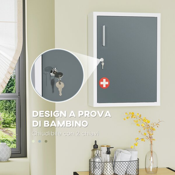 Kleankin Armadietto Medicinali con 3 Ripiani e Blocco con Chiavi, Mobiletto per Farmaci in Acciaio, 40x15x53.5cm, Bianco e Grigio|Aosom