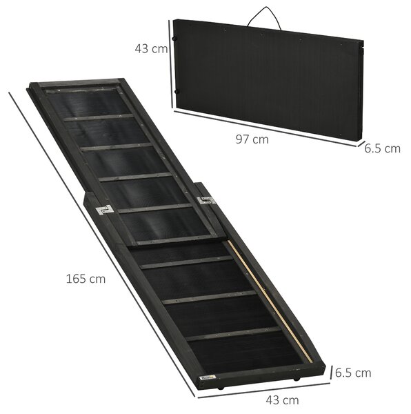 PawHut Rampa per Cani Pieghevole in Legno con Superficie Antiscivolo e Maniglia Laterale, 43x165x6.5cm, Nero|Aosom