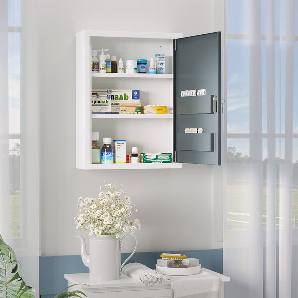 Kleankin Armadietto Medicinali con 3 Ripiani e Blocco con Chiavi, Mobiletto per Farmaci in Acciaio, 40x15x53.5cm, Bianco e Grigio|Aosom