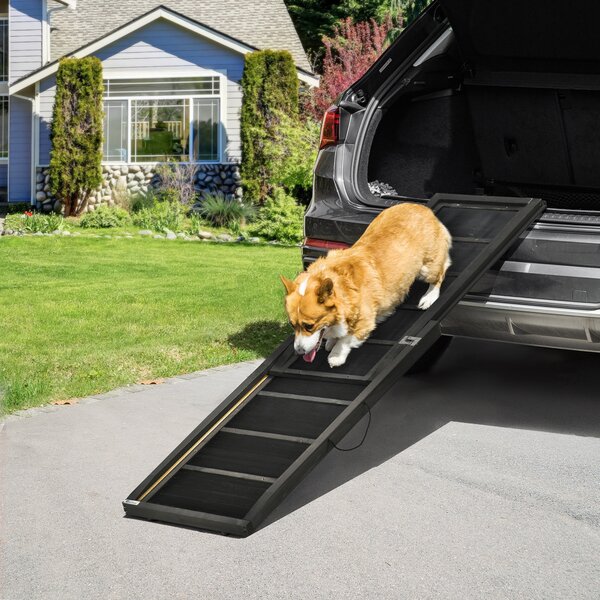 PawHut Rampa per Cani Pieghevole in Legno con Superficie Antiscivolo e Maniglia Laterale, 43x165x6.5cm, Nero|Aosom