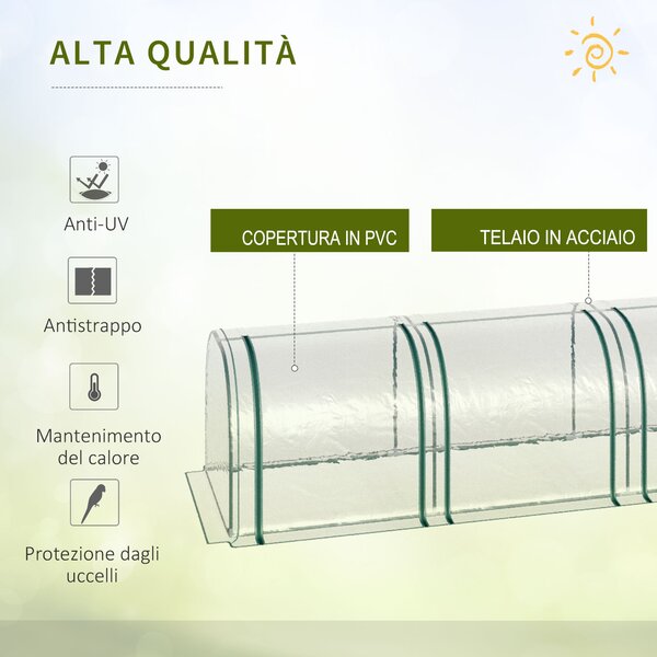 Outsunny Serra a Tunnel in Acciaio con 4 Porte a Cernierae, PVC Impermeabile e Anti UV, 395x100x80 cm, Verde scuro | Aosom Italy