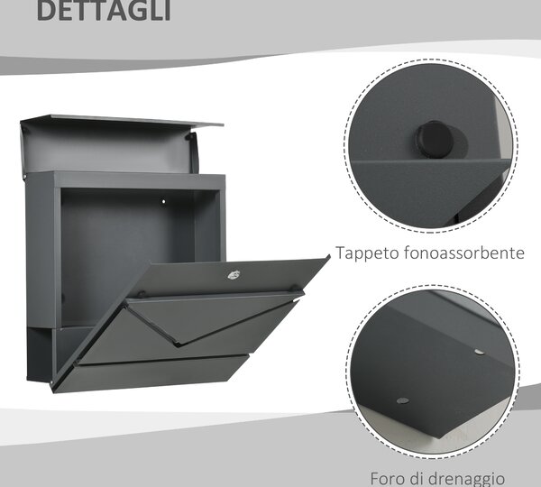 HOMCOM Cassetta Postale in Acciaio Zincato con Portagiornali e 2 Chiavi di Sicurezza, 37x10.5x37 cm, Grigio|Aosom