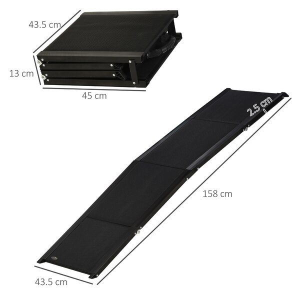 PawHut Rampa per Cani Pieghevole con Superficie Antiscivolo in MDF e Alluminio, 158x43.5x2.5 cm, Nero|Aosom