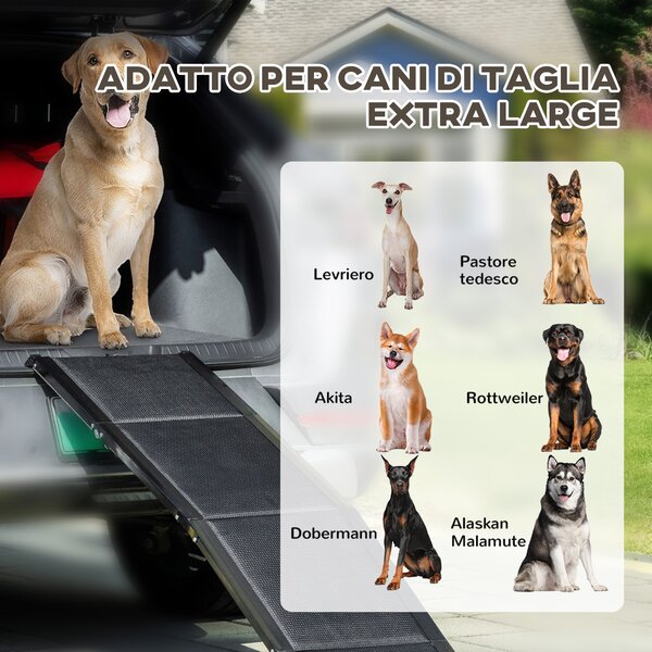 PawHut Rampa per Cani Pieghevole con Superficie Antiscivolo in MDF e Alluminio, 158x43.5x2.5 cm, Nero|Aosom