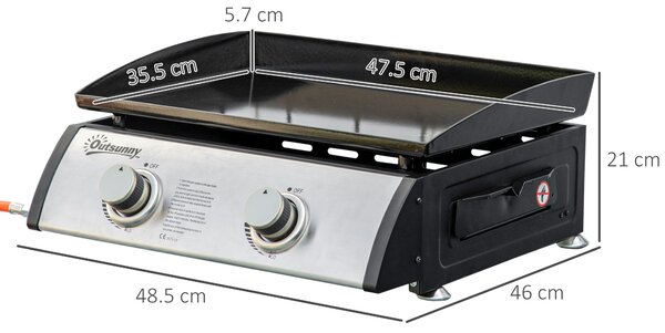 Outsunny Piastra Barbecue a Gas da Tavolo con 2 Bruciatori e Potenza 6kW, 48.5x46x21cm, Nero|Aosom