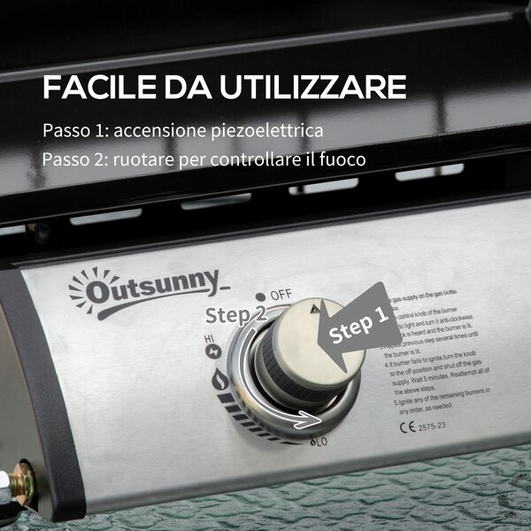 Outsunny Piastra Barbecue a Gas da Tavolo con 2 Bruciatori e Potenza 6kW, 48.5x46x21cm, Nero|Aosom