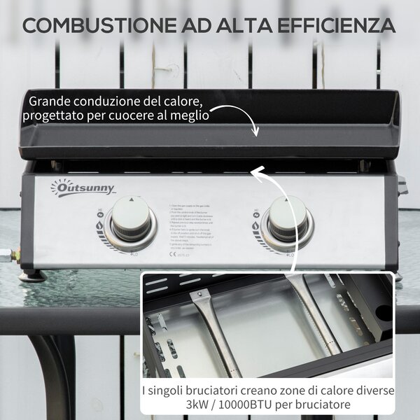 Outsunny Piastra Barbecue a Gas da Tavolo con 2 Bruciatori e Potenza 6kW, 48.5x46x21cm, Nero|Aosom