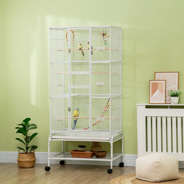 PawHut Gabbia per Uccelli in Acciaio e PP con Posatoi, Giochi, Contenitori per Cibo e Vassoio, 83x53x180 cm, Bianco|Aosom