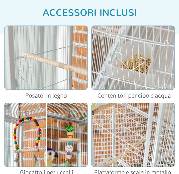 PawHut Gabbia per Uccelli in Acciaio e PP con Posatoi, Giochi, Contenitori per Cibo e Vassoio, 83x53x180 cm, Bianco|Aosom