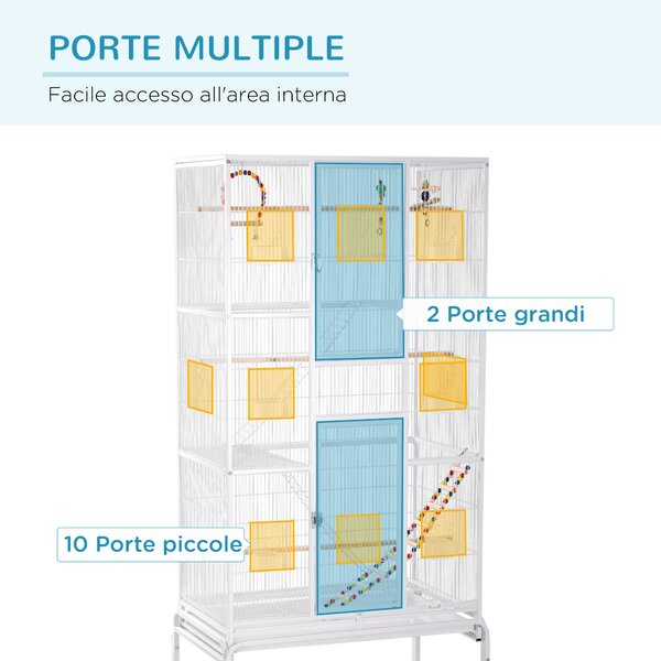 PawHut Gabbia per Uccelli in Acciaio e PP con Posatoi, Giochi, Contenitori per Cibo e Vassoio, 83x53x180 cm, Bianco|Aosom