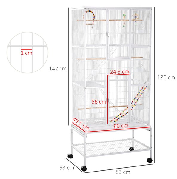 PawHut Gabbia per Uccelli in Acciaio e PP con Posatoi, Giochi, Contenitori per Cibo e Vassoio, 83x53x180 cm, Bianco|Aosom