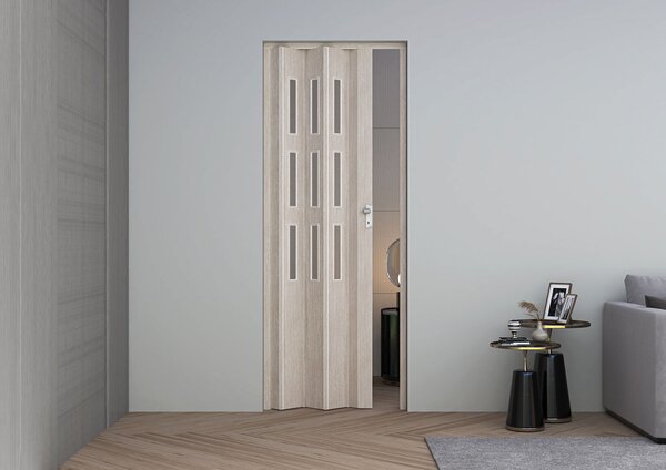 Porta a Soffietto da Interno Maya 83x214 cm Made in Italy in PVC con Vetro Satinato Legno Cedro