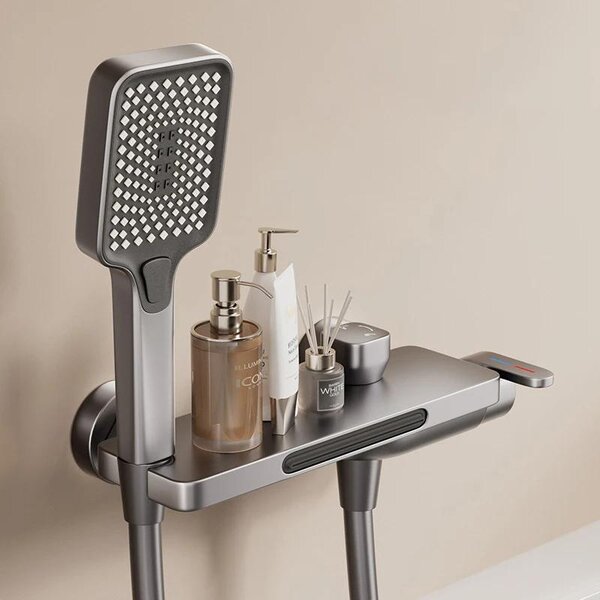 Rubinetto per vasca da bagno a cascata con doccetta manuale - Montaggio a parete - Acciaio inossidabile 304 spazzolato - Cartuccia in Vetroceramica - Miscelatore monocomando per acqua calda/fredda - Grigio scuro