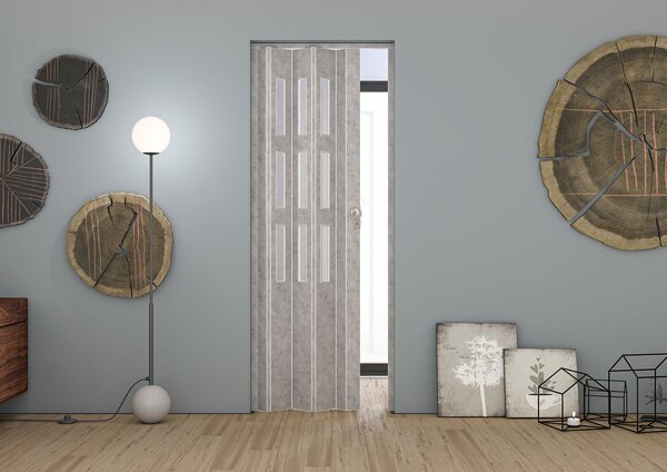 Porta a Soffietto da Interno Maya 83x214 cm Made in Italy in PVC con Vetro Satinato Cemento Grigio