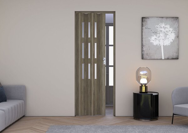 Porta a Soffietto da Interno Maya 83x214 cm Made in Italy in PVC con Vetro Satinato Rovere Cognac Scuro