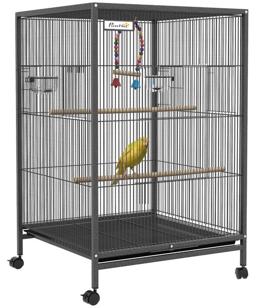 PawHut Gabbia per Uccelli con 5 Porte, 2 Posatoi e Vassoio Estraibile, in Acciaio e PP, 48x46x74 cm, Grigio | Aosom Italy