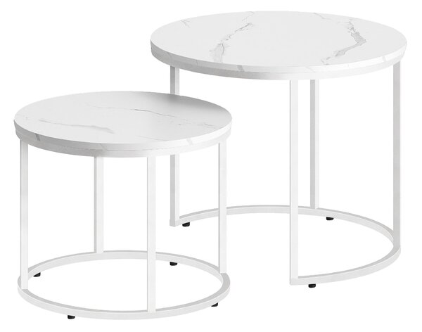 Tavolino rotondo 2 pezzi marmo bianco gambe 53/43 cm set da salotto