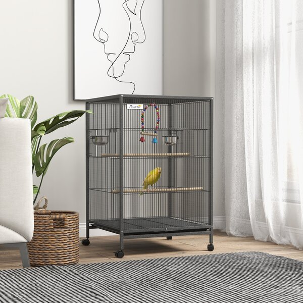 PawHut Gabbia per Uccelli con 5 Porte, 2 Posatoi e Vassoio Estraibile, in Acciaio e PP, 48x46x74 cm, Grigio | Aosom Italy