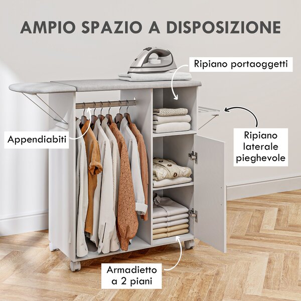 HOMCOM Mobile Asse da Stiro con Piano d'Appoggio, 3 Ripiani a Cubo e Guida, 127x42.5x99 cm, Bianco|Aosom