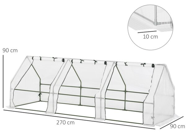 Outsunny Serra a Tunnel da Giardino con 3 porte avvolgibili, struttura in acciaio e copertura in PE, 270x90x90cm, Bianco | Aosom Italy