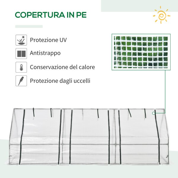Outsunny Serra a Tunnel da Giardino con 3 porte avvolgibili, struttura in acciaio e copertura in PE, 270x90x90cm, Bianco | Aosom Italy