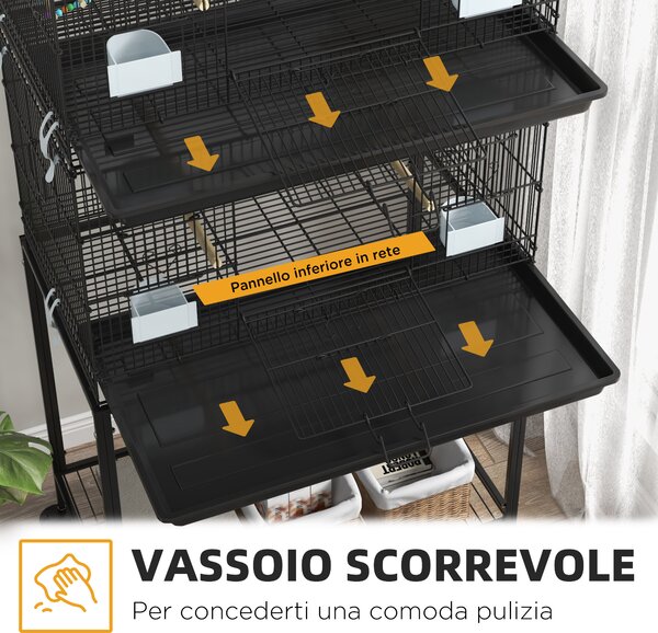 PawHut Gabbia per Uccelli in Acciaio e PP, Design Impilato con Posatoi, Altalene e Scalette, 77x46x164 cm, Nero|Aosom