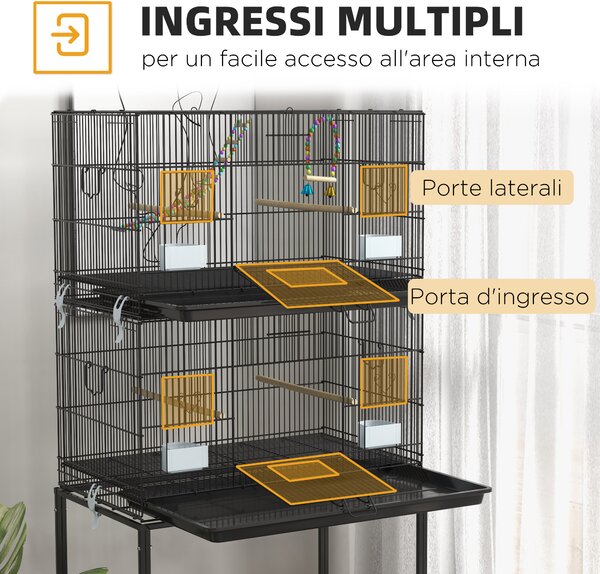 PawHut Gabbia per Uccelli in Acciaio e PP, Design Impilato con Posatoi, Altalene e Scalette, 77x46x164 cm, Nero|Aosom