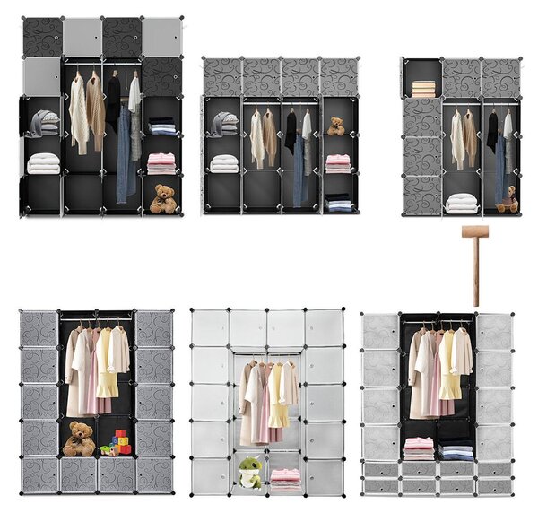 Armadio Vigevee, modello contenitore con 16 scomparti, dimensioni 160x142x37 cm, realizzato in PP, con vano porta scarpe e 2 aste