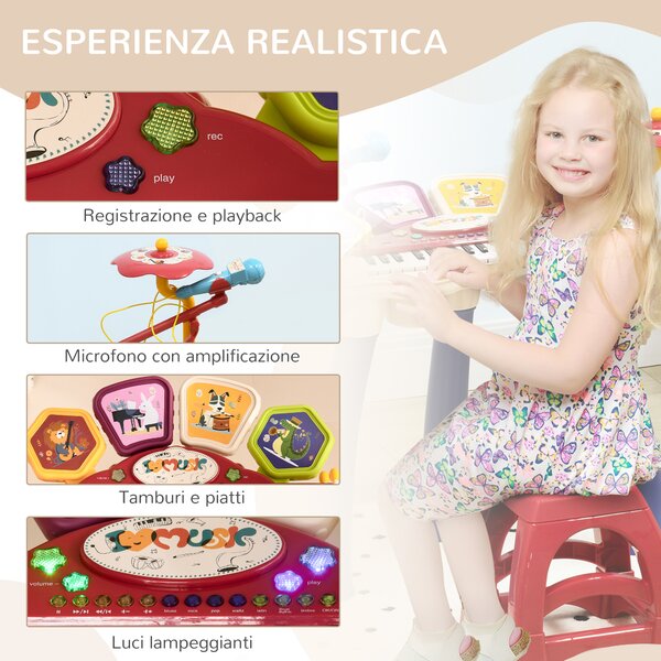 AIYAPLAY Pianola per Bambini 3-6 Anni con Sgabello, Microfono, Tamburo e Bacchette, in PP e ABS, 74x32.2x71 cm|Aosom