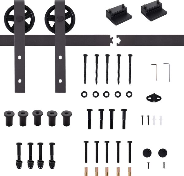 HOMCOM Kit Porta Scorrevole 100kg max in Acciaio con Binario, Ganci, Fermi, Viti e Bulloni, 183x4x0.6 cm
